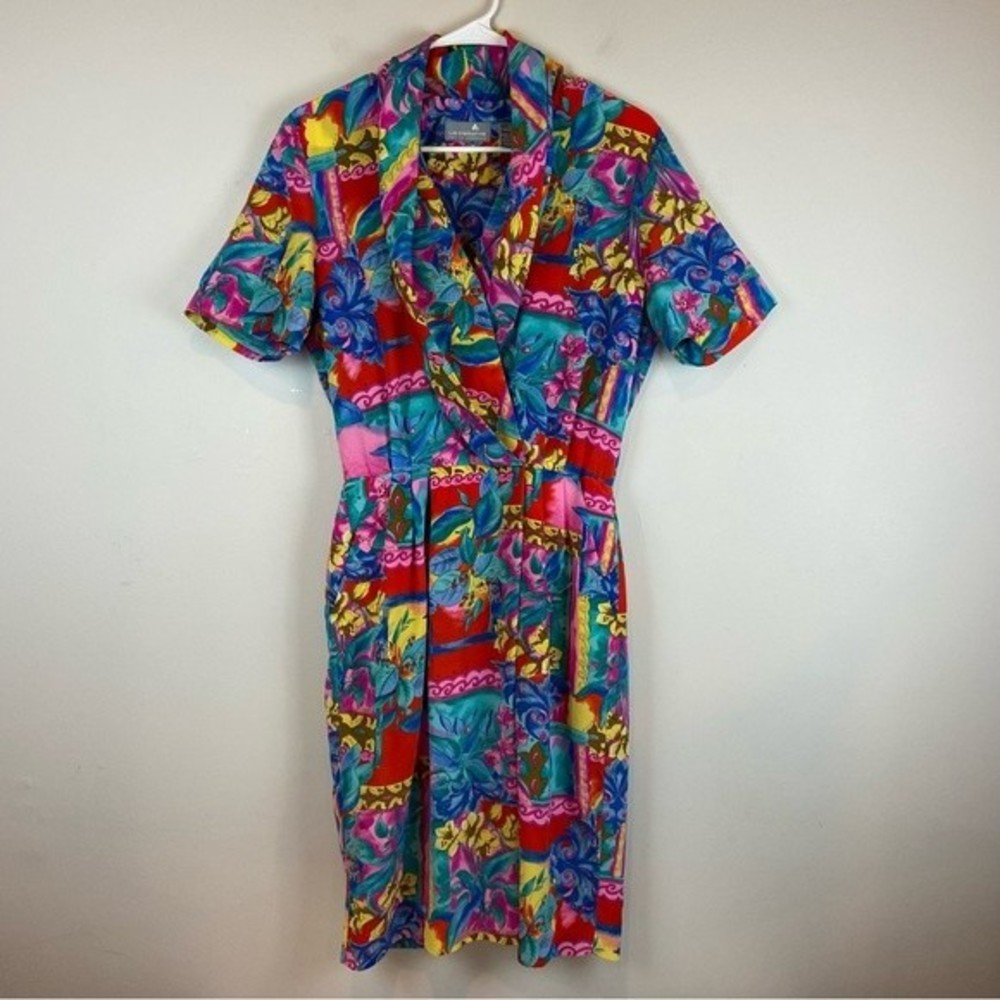 Vintage Liz Claiborne Floral Petite Short Sleeve Dress Size 10 Faux Wrap Style